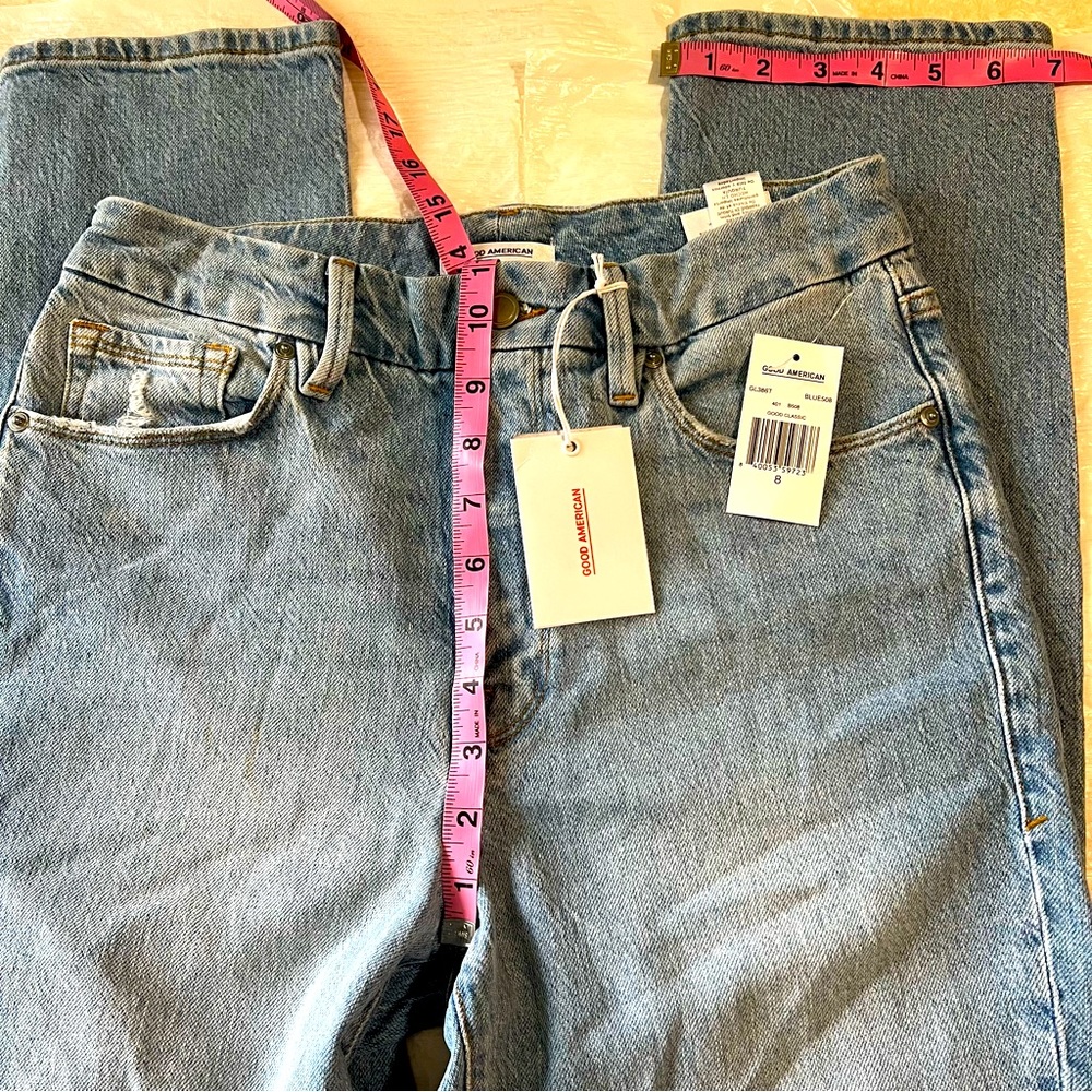 Good American Women med blue light jean high waist ,cool classic, distress Sz 8 - Picture 15 of 16
